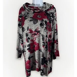 Rebecca Malone Plus 1X Floral Cowl Neck Tunic Sweater Stretch Knit Rhinestones